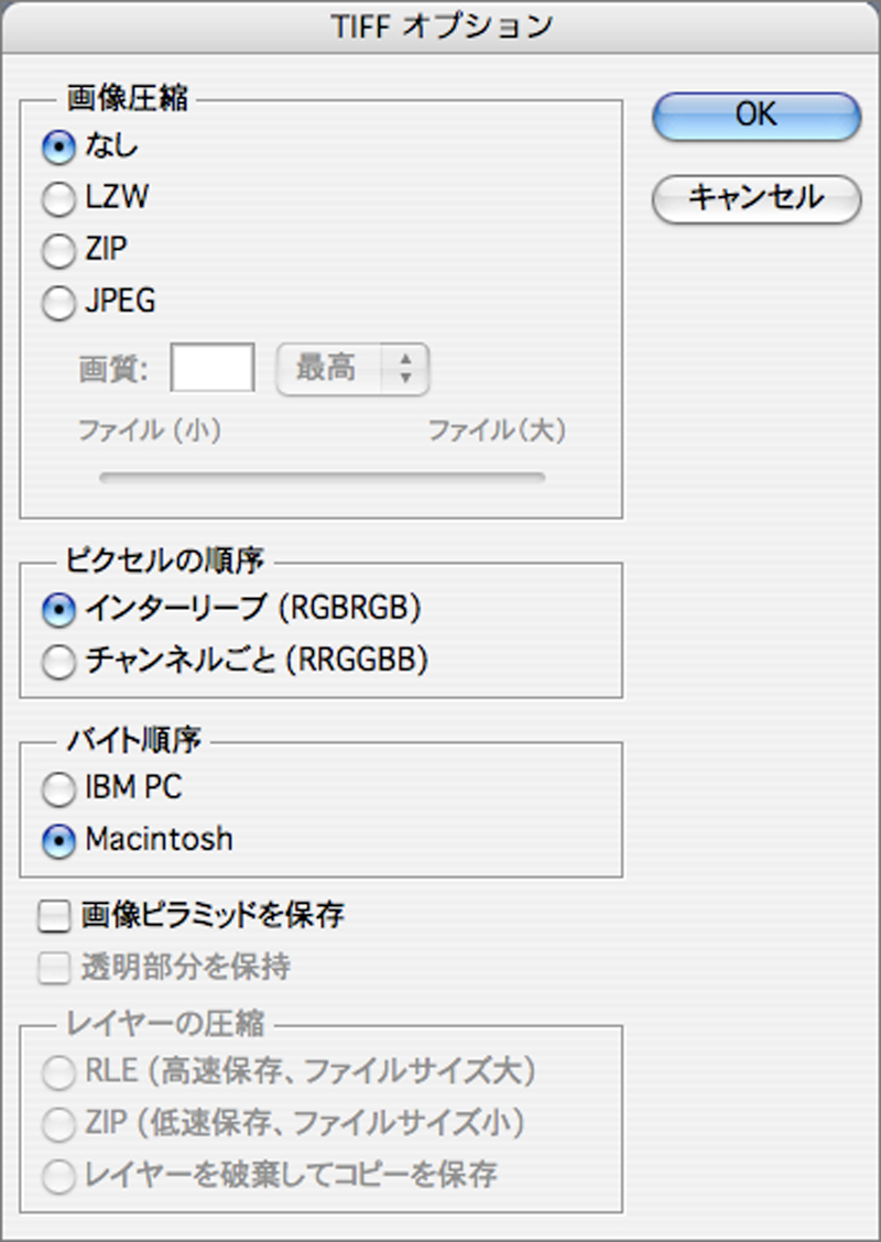 This is the screen that you see when you save a TIFF in Adobe Photoshop.
Here, you can choose whether you want to compress the image and, if so, the compression method you want to use.
For printing applications or when compatibility might be an issue, users normally leave images uncompressed.