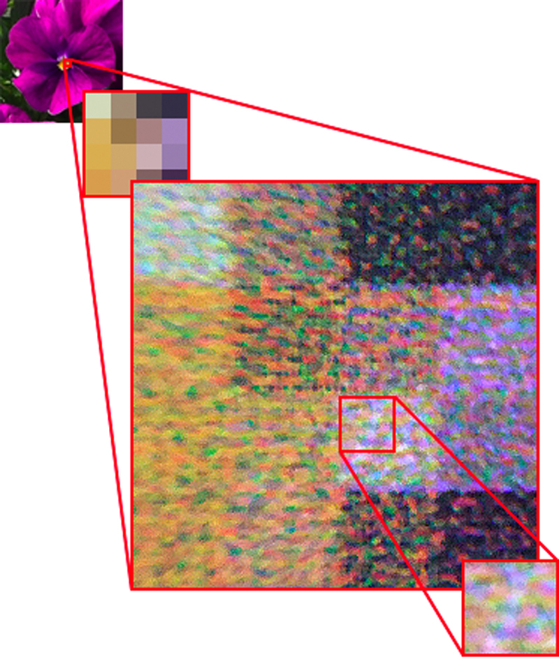 Printer output resolution corresponds to how finely the printer renders the smallest element of output.
Inkjet printers create text and graphics from densely packed droplets in small dots.
If you look at an image printed by inkjet printer through a magnifying glass, you can see the individual dots.
The image you see here is a close-up of an image printed by an inkjet printer.
Each pixel consists of multi-colored dots.